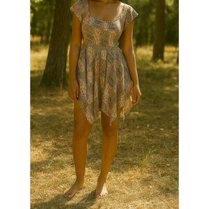 Boho Chic Shore Drive NEW Plus Size Patchwork Print Smocked Shark Bite Hem Dress